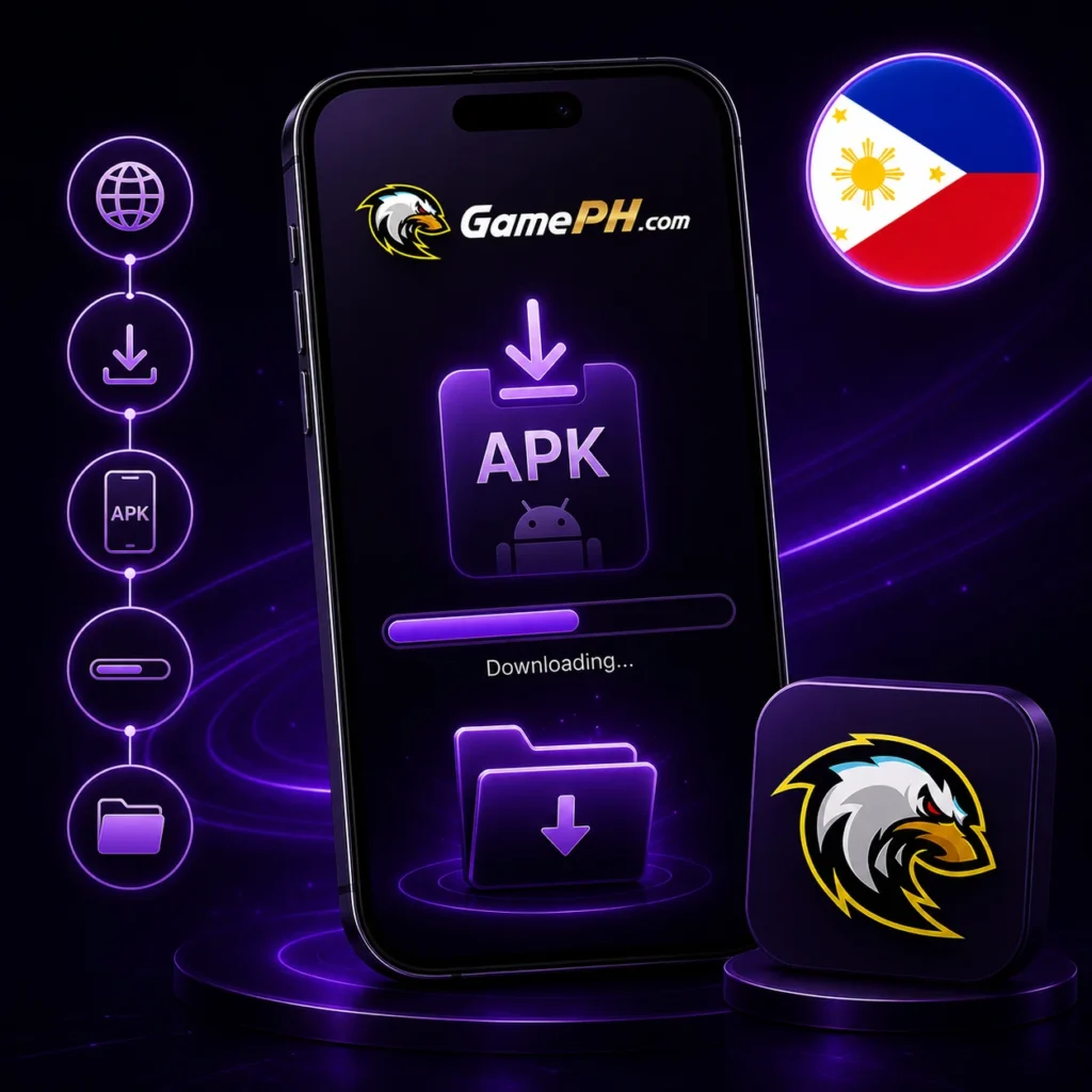 GamePH APK download on Android with Philippines flag and official logo.