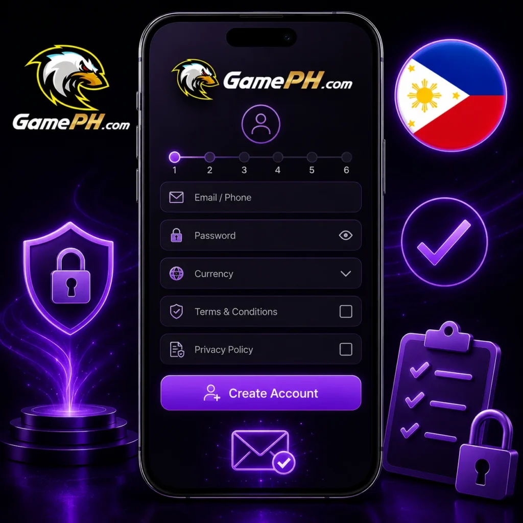 GamePH account registration with Philippines flag and official logo.