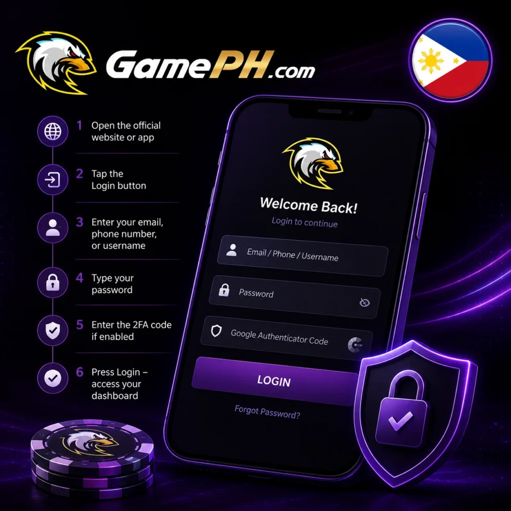 GamePH secure login on mobile with Philippines flag and official logo.