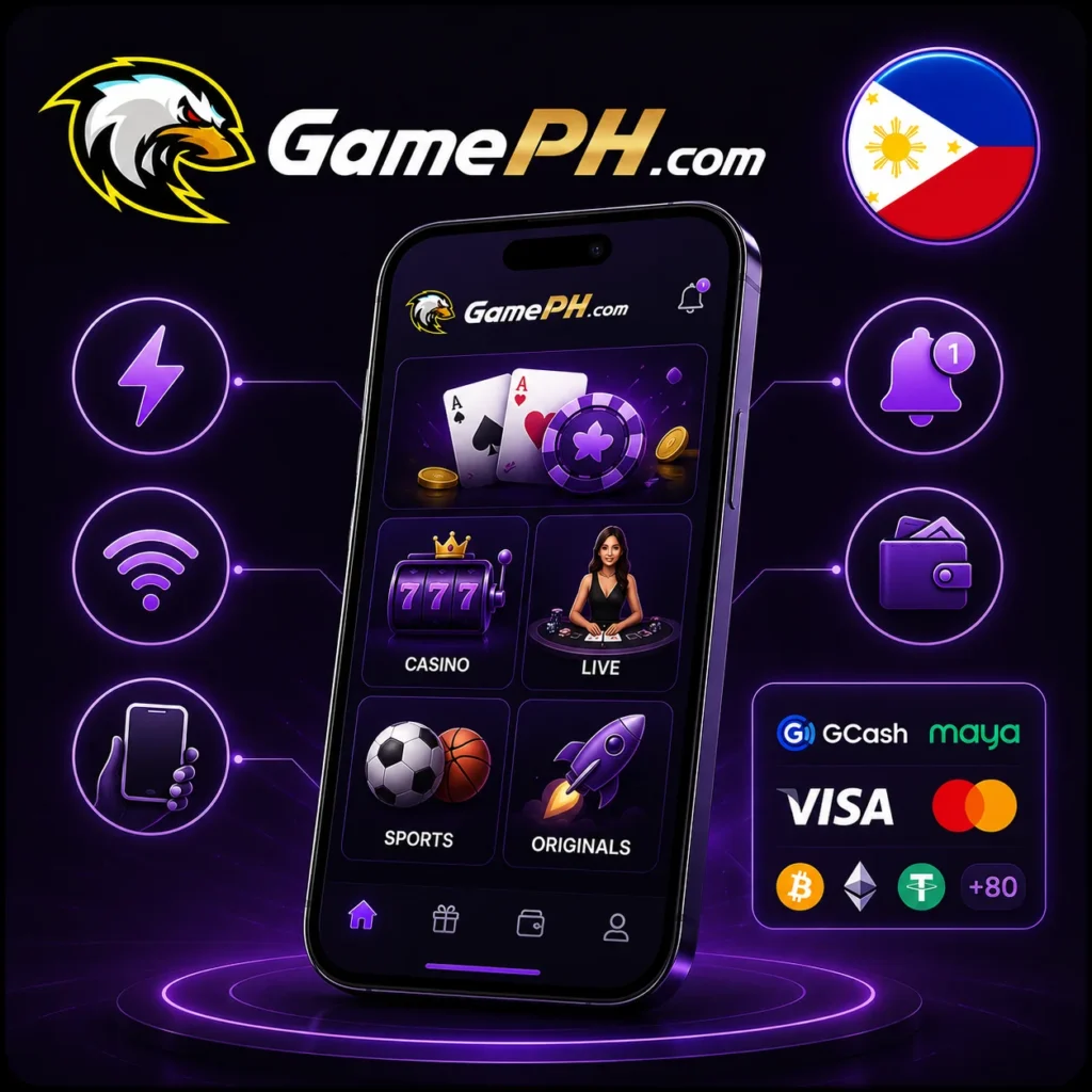 GamePH mobile app features with Philippines flag and official logo.