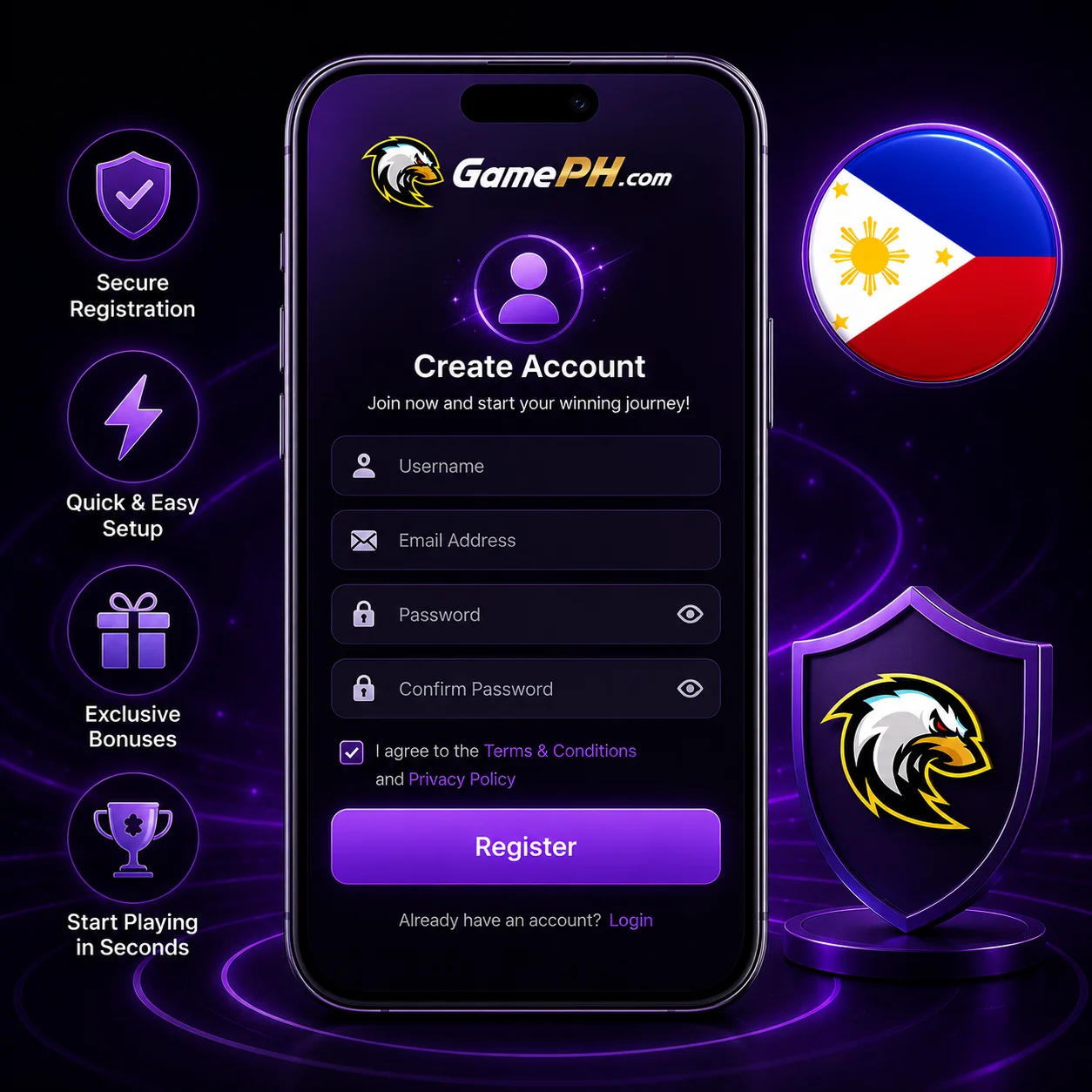 GamePH account registration on mobile with Philippines flag and official logo.