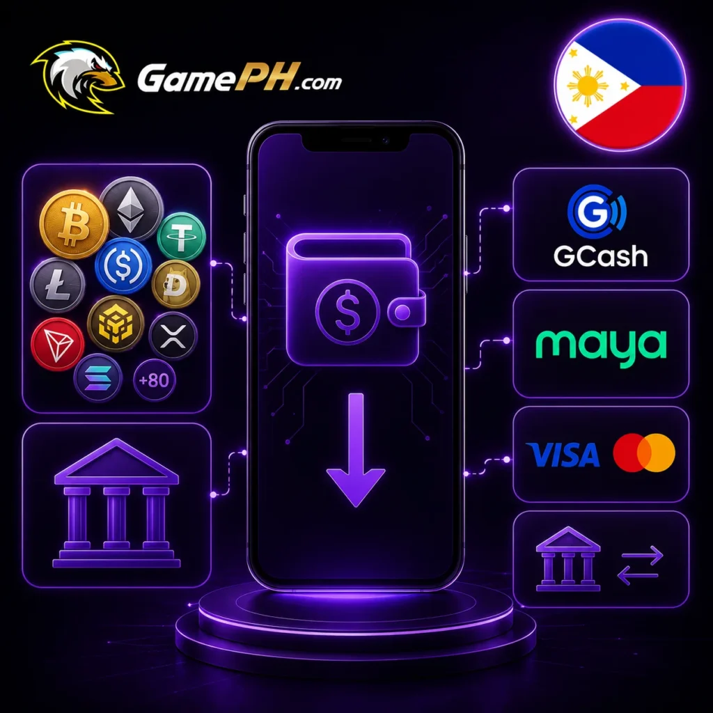 GamePH withdrawal methods with crypto, e-wallets, Philippines flag and official logo.