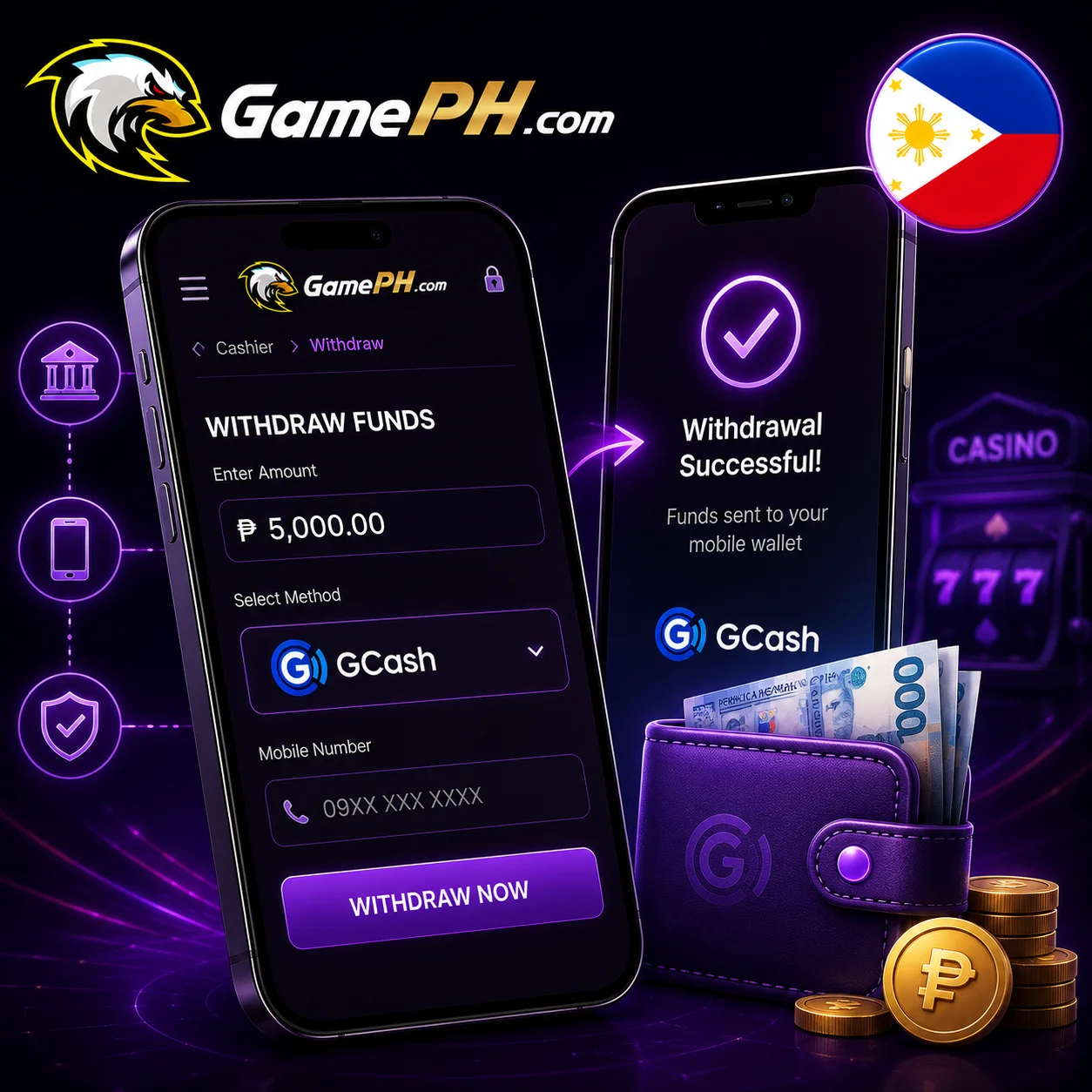 GamePH casino withdrawal to mobile wallet with Philippines flag and official logo.